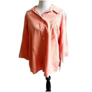 Edward Women Irish Linen Embroidered Collared Button Down Shirt Peach Size 1X